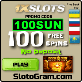 100 gratis draai in die slot Book Of SUN Multichance Geen deposito by die casino nie 1xSLOTS (Promosie kode 100SUN) is op die foto.