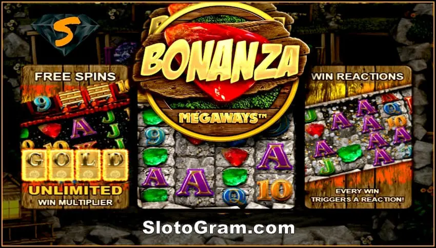 Inneal slot Bonanza Megaways bhon t-solaraiche Big Time Gaming Tha (BTG) san dealbh.