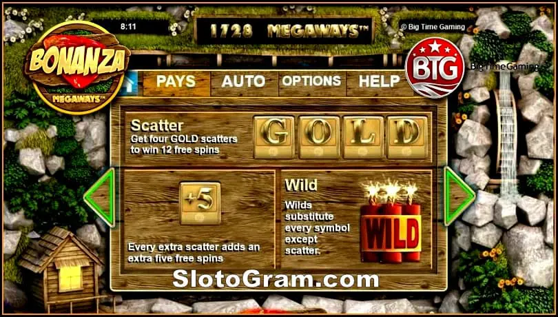 Samhlaidhean geama bònas Scatters ann an slot Bonanza Megaways tha san dealbh.