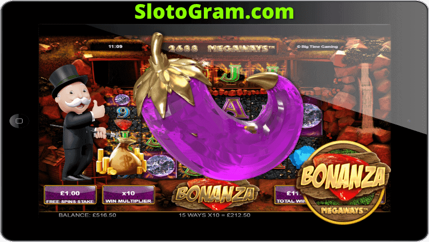 Slot Bonanza karo sistem Megaways menehi pamuter karo kesempatan kanggo menang ing mesin slot saka casino online ing foto.