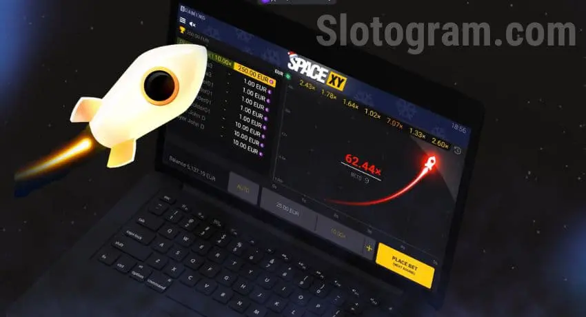 Emblemo de la krizludo SPACE XY de BGaming por reta kazino, prezentante stiligitan raketŝipon kaj la nomon de la ludo.