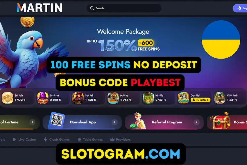 100 бесплатных вращений без депозита для игроков из Украины в новом казино Martin
