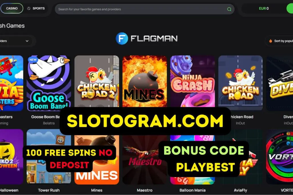 Каталог краш-игр (Mines, Chicken Road, Goose Boom Bang) на сайте Flagman. Поверх изображения текст о бонусе: "100 Free Spins No Deposit" (100 фриспинов без депозита) и промокод "PLAYBEST".