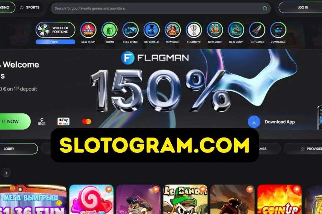 Крупный баннер приветственного бонуса 150% на сайте онлайн-казино Flagman. Также видны кнопки "Скачать приложение", меню игровых провайдеров и иконки популярных слотов.