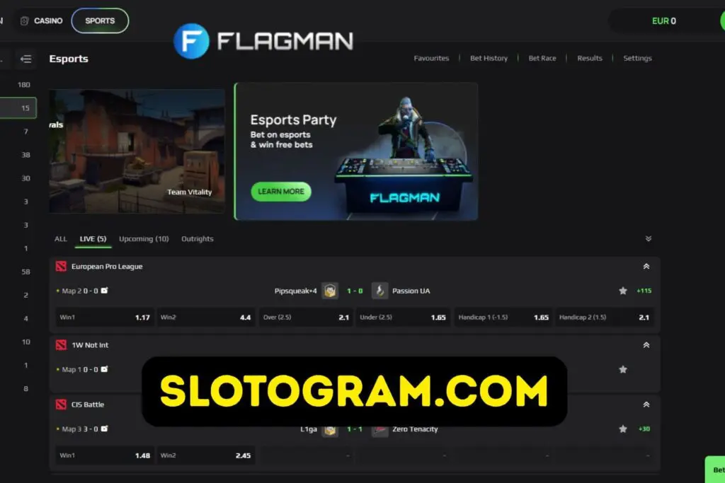 Скриншот раздела ставок на спорт на сайте Flagman. Виден баннер "100 € Free Bet" (Фрибет за первый депозит), иконки видов спорта и список активных промо-акций.