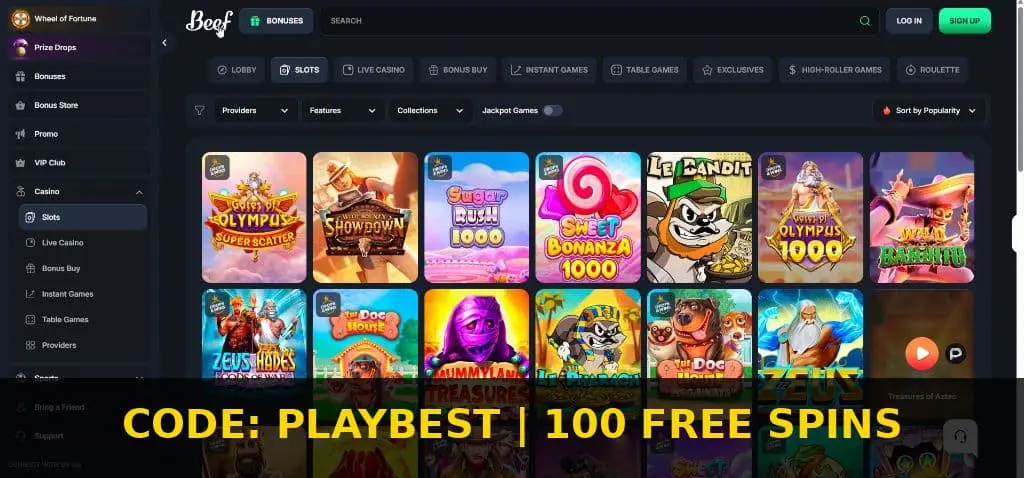 Игровое лобби Beef Casino: популярные онлайн слоты Gates of Olympus и Sweet Bonanza. Играть бесплатно с бонусом PLAYBEST.