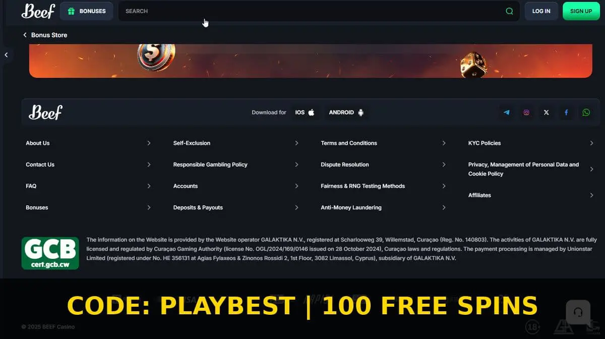 Меню в футере сайта казино Beef доступно для всех игроков.