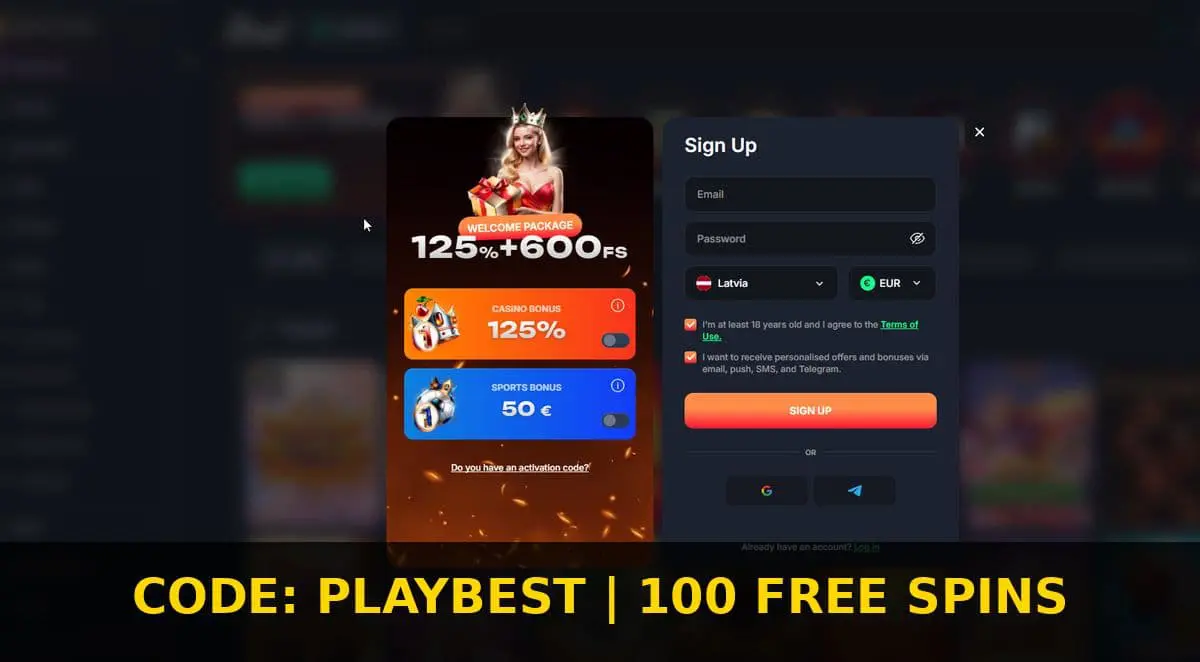 Страница регистрации в ново казино Beef, где можно получить 100 бесплатных вращений без депозита для с промо кодом PLAYBEST для игроклв Украины, России и Казахстана!