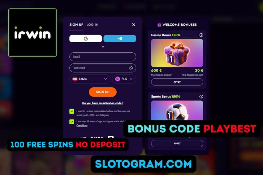 Окно регистрации в казино Ирвин: ввод email, пароля и выбор валюты счета.