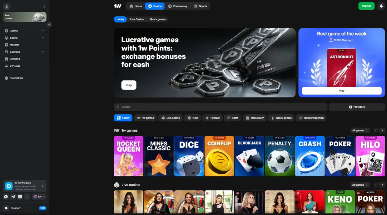 1win casino lobby: 1w Points banner, search, Lobby filters, 1w games, Live casino, Slots, Bonus buy, Bonus wagering, and a shelf of proprietary games
