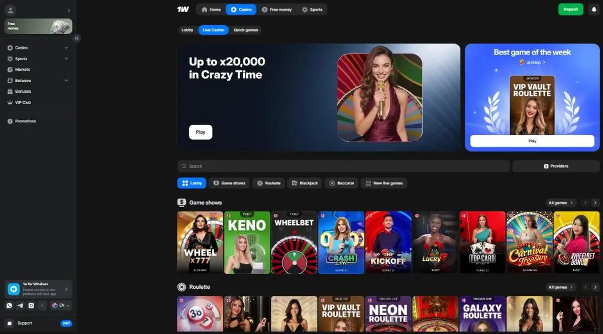 The Live Casino section at 1win: banner Crazy Time up to x20,000, categories including Game Shows, Roulette, Blackjack, Baccarat, and tables with live dealers