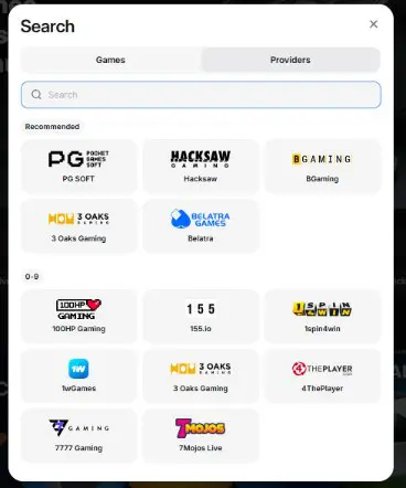 1win Casino Provider Search Window: Recommended Providers—PG Soft, Hacksaw, BGaming, 3 Oaks, Belatra—and an Alphabetical List of Studios