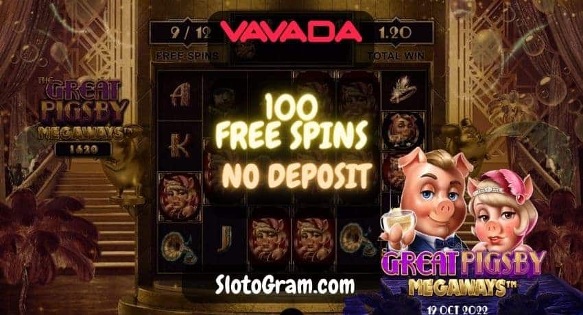 Новые игроки в казино Vavada могут получить 100 бесплатных вращений без депозита в слоте The Great Pigsby Megaways от провайдера Relax Gaming на фото.