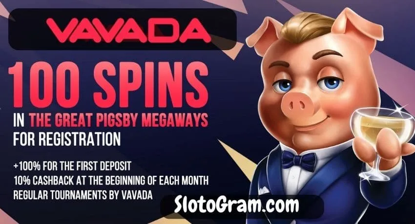 100 бесплатных вращений без депозита в слоте The Great Pigsby Megaways в казино Vavada изображены на фото.