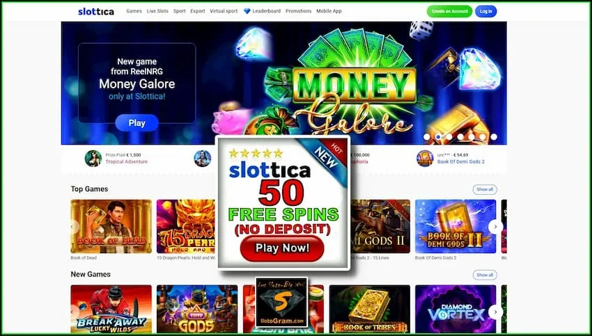 Slottica Nuotraukoje yra kazino apžvalga ir be depozito premija (60 sukimų).