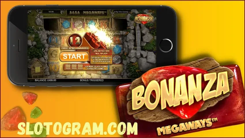 Tha an ìomhaigh a 'sealltainn dreach gluasadach den inneal slot Bonanza Megaways ann an casinos air-loidhne ann an 2025.