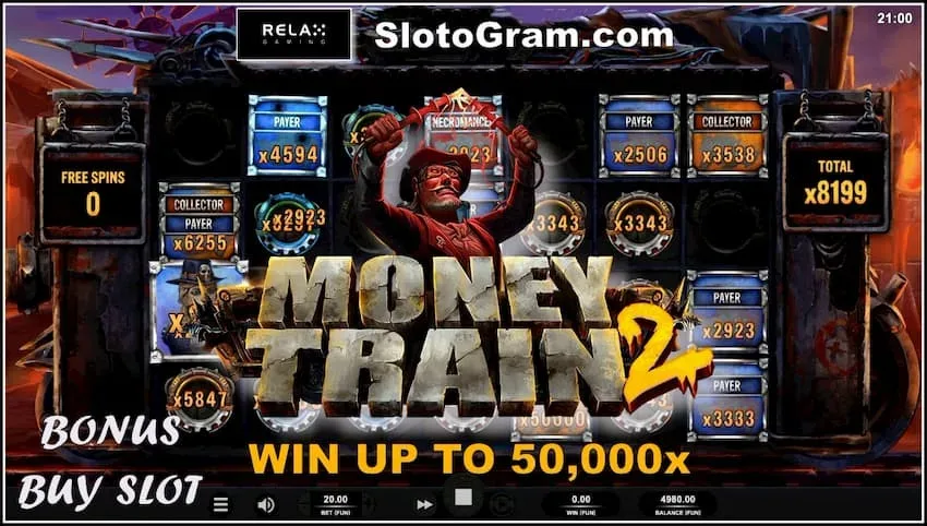 Money Train Review (2): Neie Slot Mat Bonus Kaaft steet op der Foto.