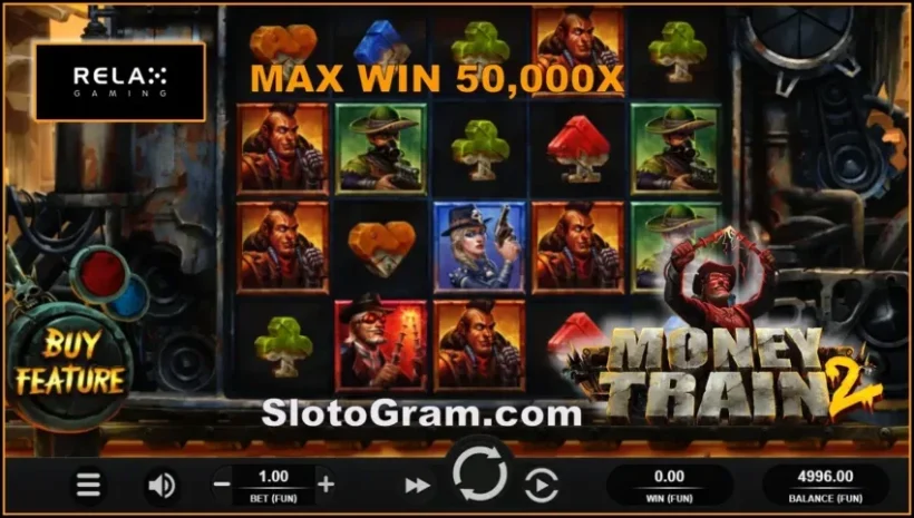 Yanayopangwa Money Train 2 na kazi ya kununua Kipengele cha bonasi ya Nunua iko kwenye picha.