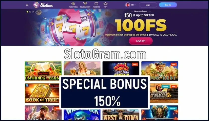 Slotum Casino (2024) Hersiening en spesiale bonus 150% is op die foto.