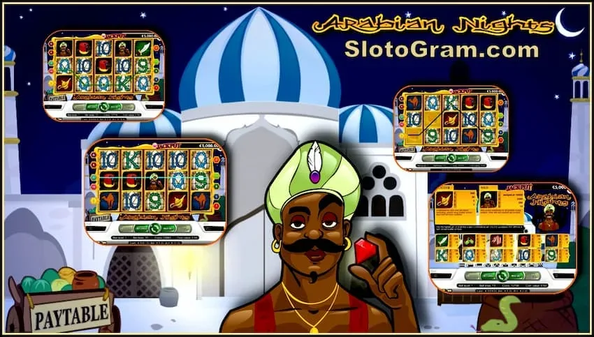 Postulu la progreseman jackpot en la fendo de Arabaj Noktoj por la retejo SlotoGram.com estas en la foto.