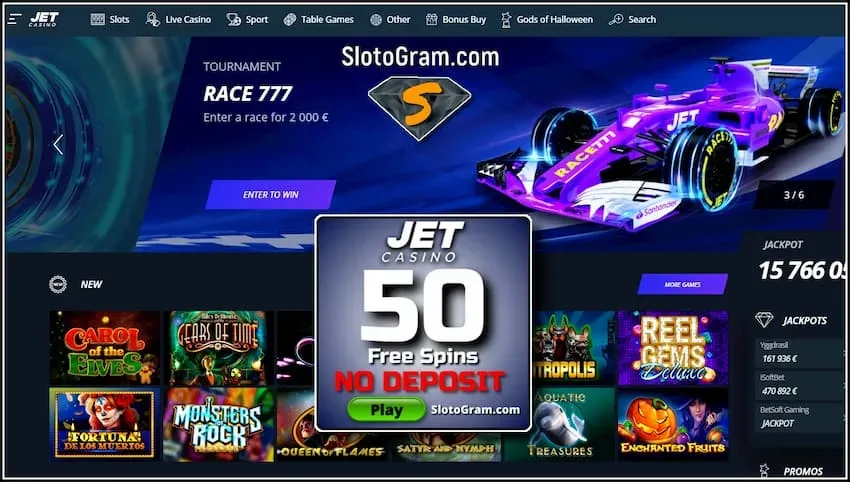 Casino Review JET and 100 Free Spins for Registration are in the photo.