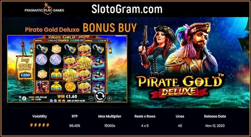 Novo slot com a compra de um bônus Pirate Gold Deluxe do provedor Pragamtic Play está na foto.