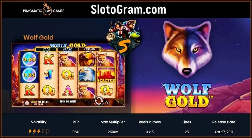 „Wolf Gold Slot“, teikėjo apžvalga Pragmatic Play 2024 + Premijos yra nuotraukoje.