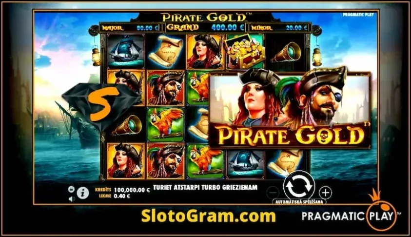 Gambaran keseluruhan slot Pirate Gold daripada Pragmatic Play di portal SlotoGram ada foto.