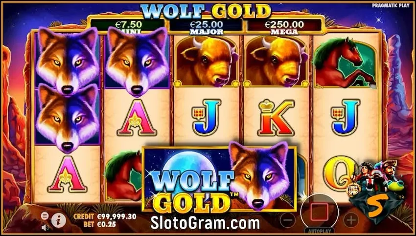 Wolf Gold Slot anmeldelse (Pragmatic Play) på siden SlotoGram.com der er et foto.