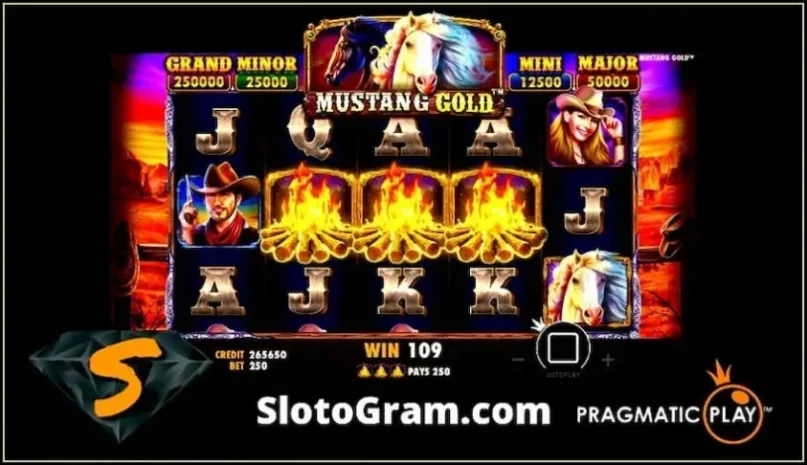 Lambang Scatters sareng Bonus Slot Mustang Gold от Pragmatic Play aya dina poto.