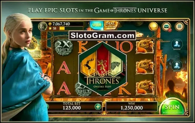 Mesin slot berjenama Games of Thrones untuk kasino dalam talian di tapak SlotoGram ada foto.