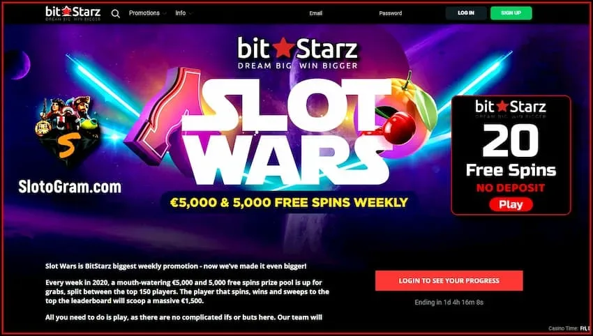 Еженедельный турнир Война Слотов с ценными призами и бесплатными вращениями в казино BitStarz есть на фото.