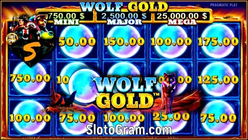 Специальные символы Луна и Джекпот в слоте Wolf Gold на сайте SlotoGram есть на фото.