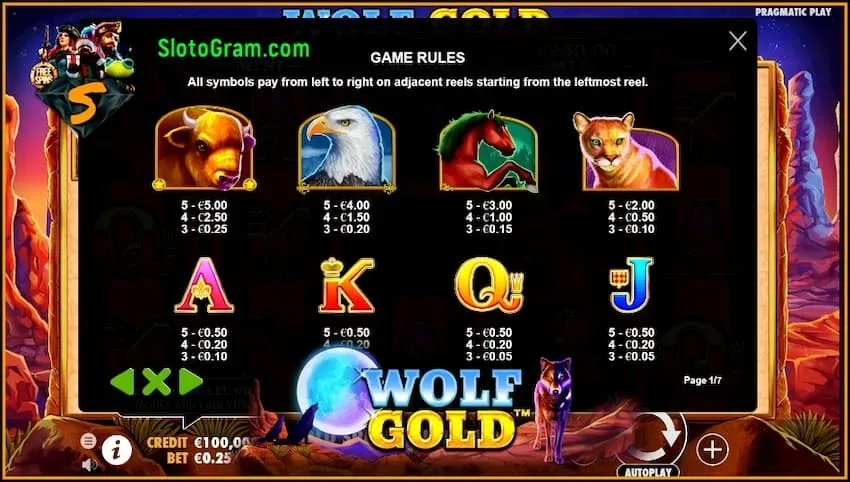 Таблица Выплат, символы и линии в слоте Wolf Gold от Pragmatic Play есть на фото.