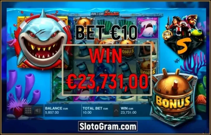 Grote overwinning in de gokkast Razor Shark van provider Push Gaming er is een foto.
