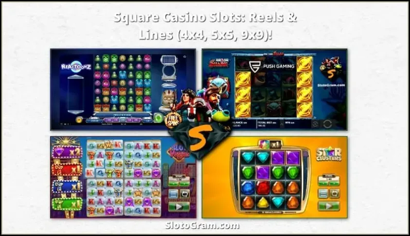 Quadrata Slots In Casino Reels et Lineis (4x4, 5x5, 9x9) sunt in photo.