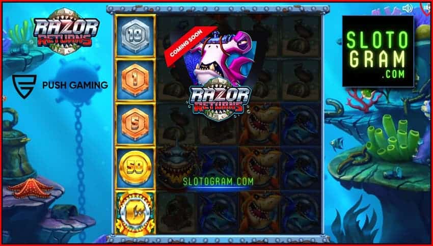 Nieuw slot van het bedrijf Push Gaming, Shark Returns gepresenteerd op de foto.