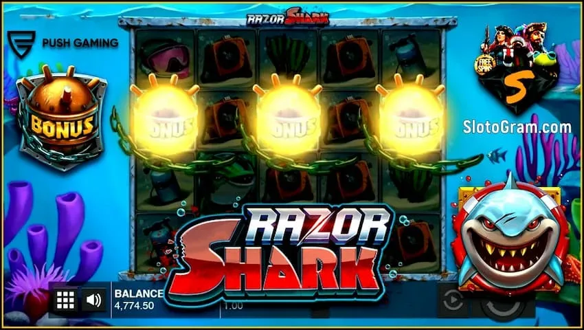 symbolen Scatters en gratis spins in de gokautomaat Razor Shark (Push Gaming) staat op de foto.