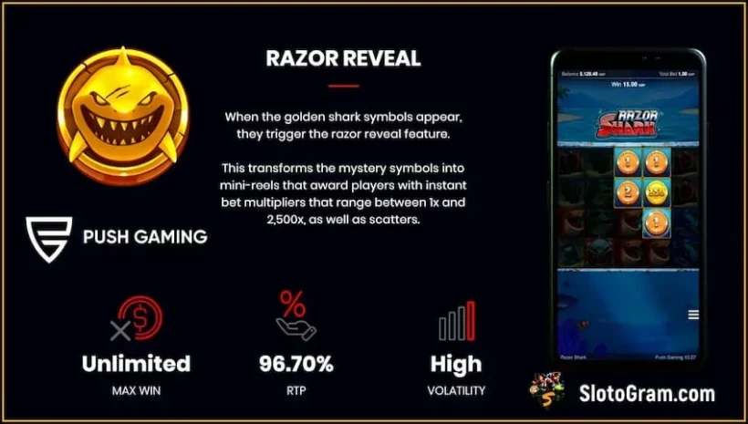 RTP, Vermenigvuldiging en volatiliteit in de sleuf Razor Shark van provider Push Gaming er is een foto.