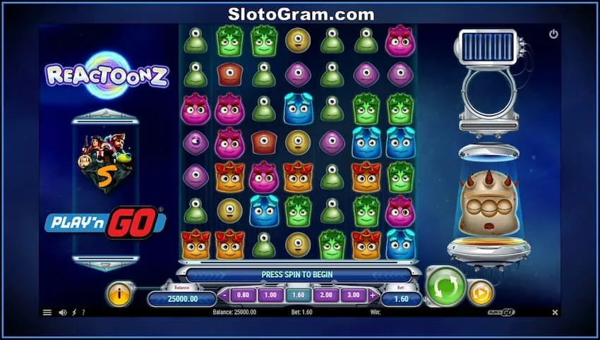 Reactoonz - квадратный игровой автомат казино (7x7) с 7 игровыми барабанами и 7 рядами от провайдера Play'n GO есть на фото.
