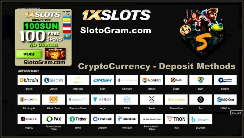 Способы Депозита в Криптовалюте в казино 1xSlots есть на фото.