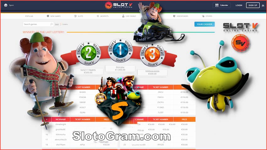 Лотереи в казино Slot V, ставки на спорт и ставки на киберспорт есть на фото.