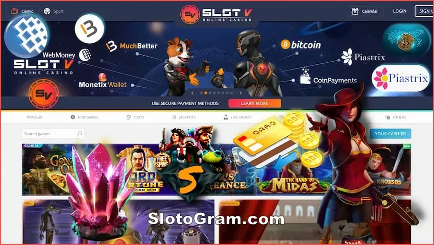 Платежные системы в крипто (Bitcoin) казино Slot V есть на фото.