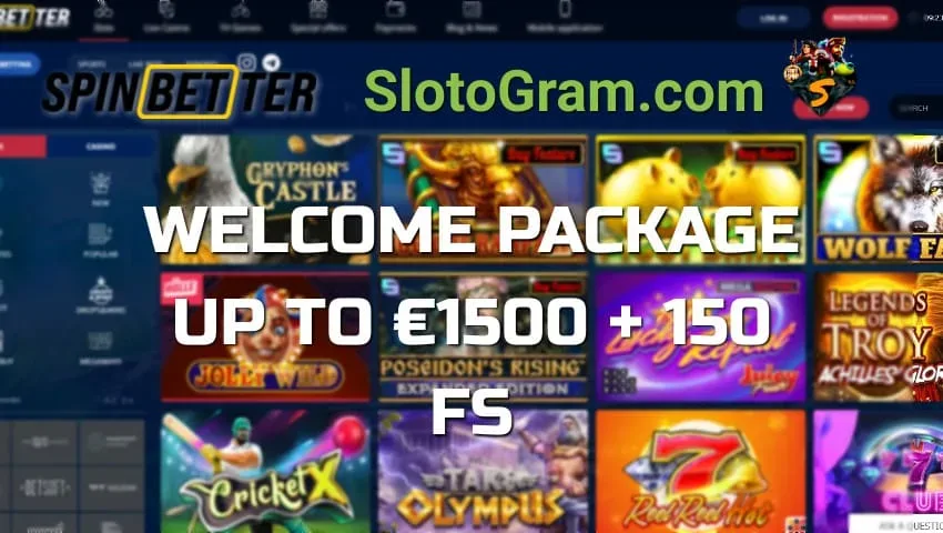 Saņemiet 1500 eiro par depozītu un 150 bezmaksas griezienus bez iemaksas kazino Spinbetter uz attēla.