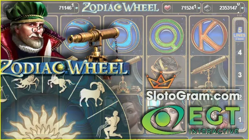 Video fendo konsistas Zodiac Wheel de 5 turniĝantaj bobenoj kaj 5 paglinioj en la retejo SLotоgram.com en la foto estas