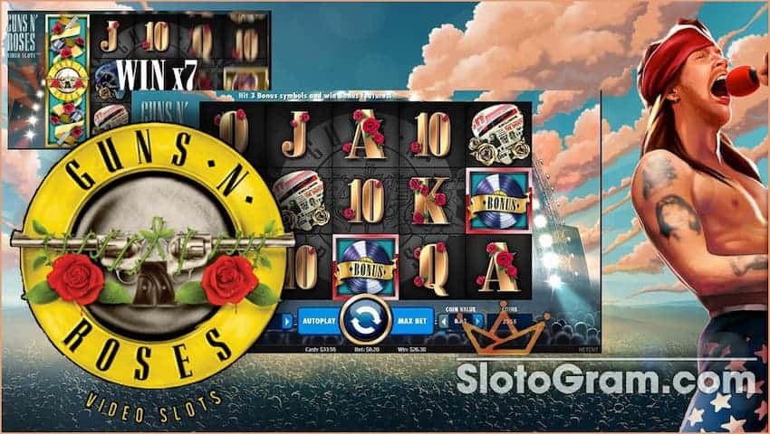 Слот казино Guns N’ Roses из серии "Музыкальные игровые автоматы", непревзойденная графика и качественная анимация на сайте Slotogram.com на фото есть 