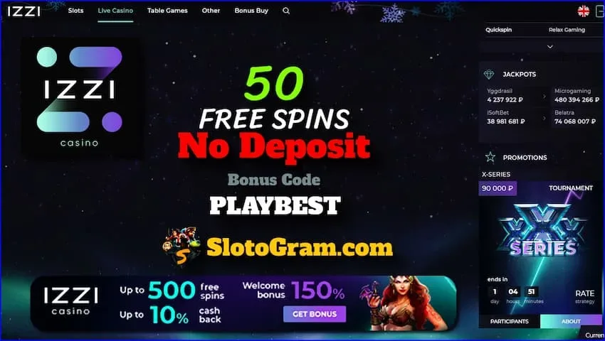 Obtén 100 xiros sen depósito no novo casino IZZI (código de bonificación PLAYBEST) só no portal Slotogram.com está na foto.