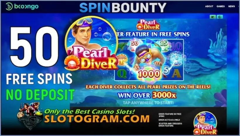 50 xiros sen depósito na máquina tragamonedas Pearl Diver no novo casino SpinBounty está na foto.