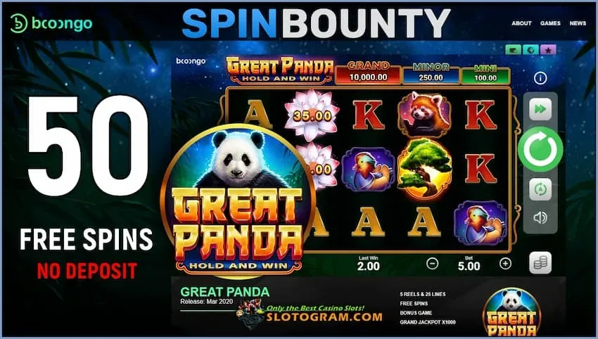 50 бесплатных вращений в игровом автомате Great Panda Hold and Win для новых игроков казино SpinBounty есть на фото.