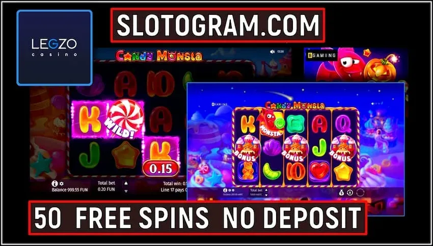 50 бесплатных вращений в соте Candy Monstra за регистрацию в казино Legzo на фото.